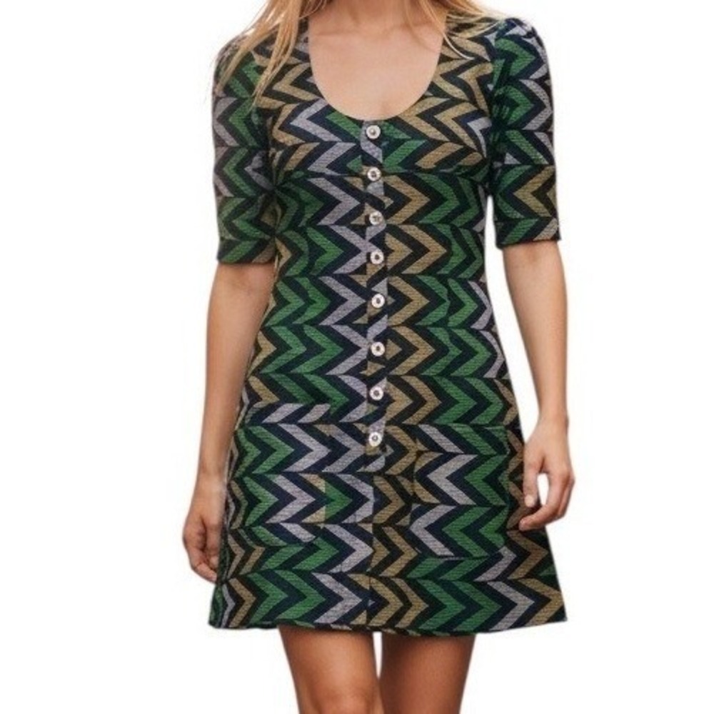 ANTHROPOLOGIE LE SHACK TRACY FEITH Vintage Geo‎ Print Belted Dress EUC Size 6